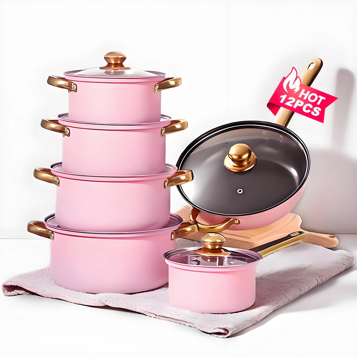 Red Cookware Set, 12-Piece ,Stainless Steel, Non-Stick, Kitchen Cookware Collection