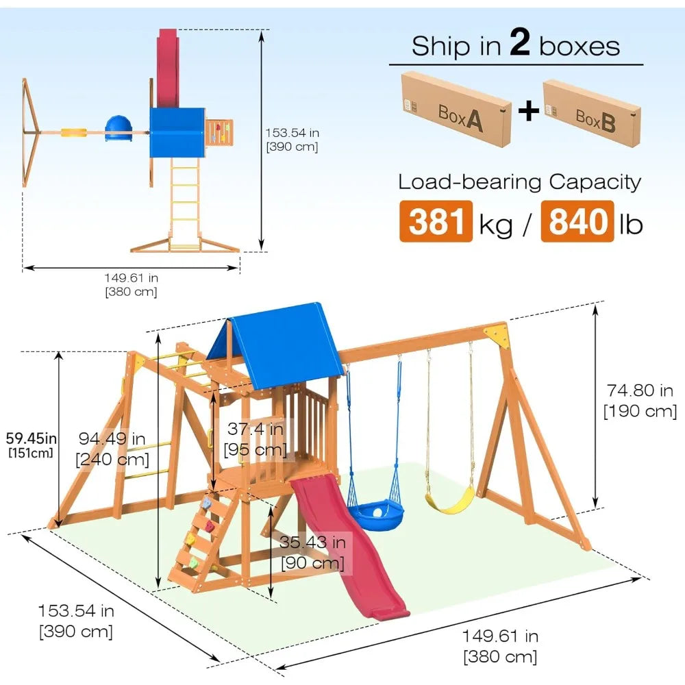 Wooden Swing Sets, Rock Climbing Wall, Sandbox, Monkey bar, and More