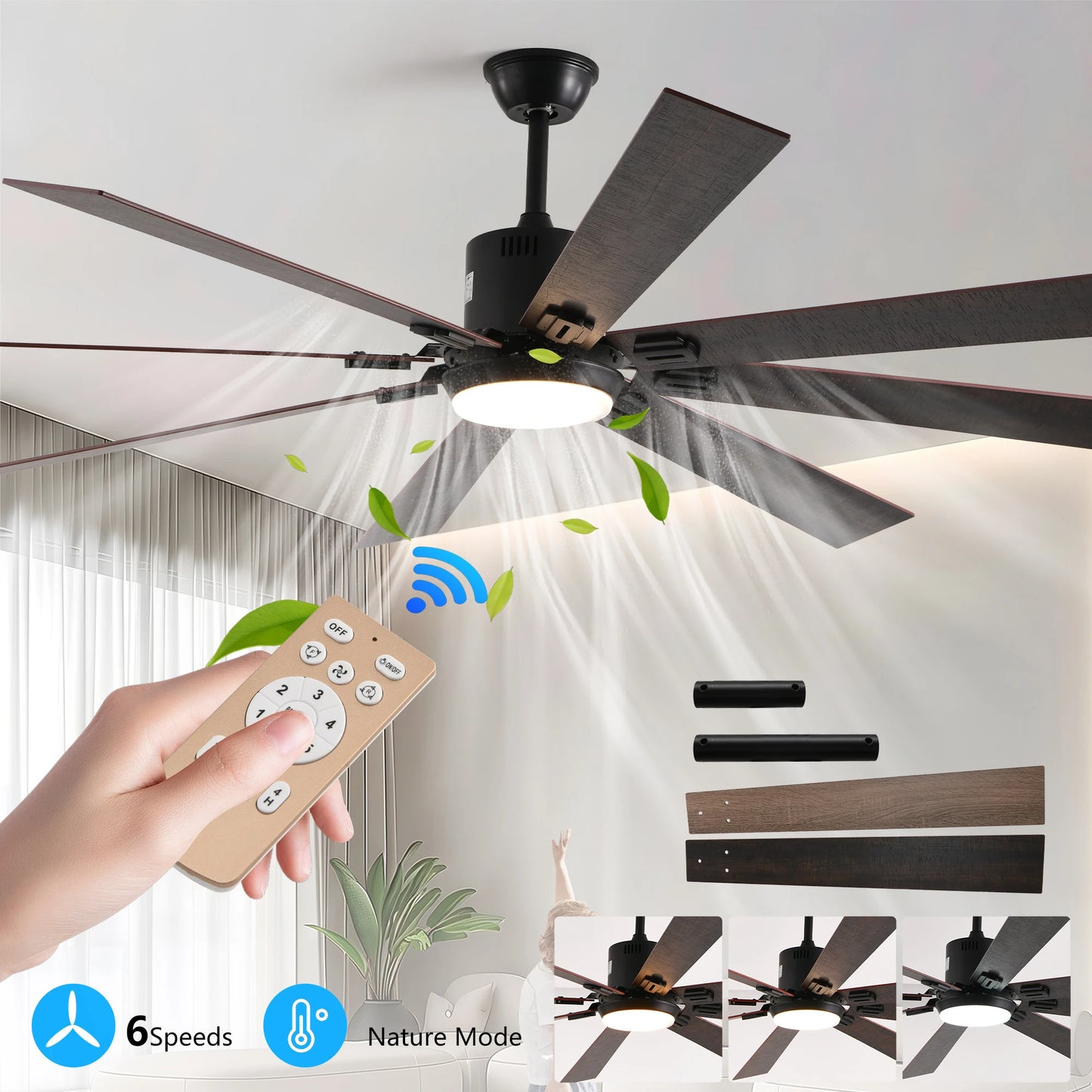 Walnut LED Ceiling Fan Light Remote Control, Dimmable & Adjustable