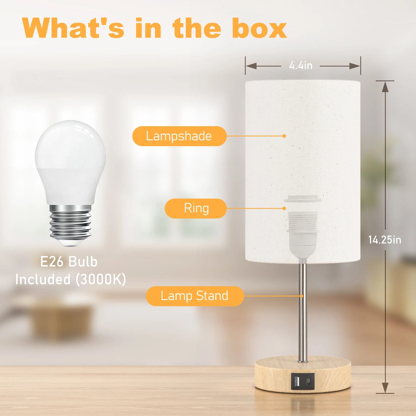 Small Table Lamp , 3 Way Dimmable, Touch Control, Dual Charging Ports