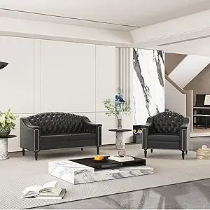 Chesterfield 2-Piece Sectional Sofa Set, Mid-Century Modern Upholstered