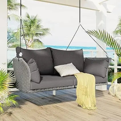 Acacia Wood Porch Swing with Hemp Rope, Twin Size