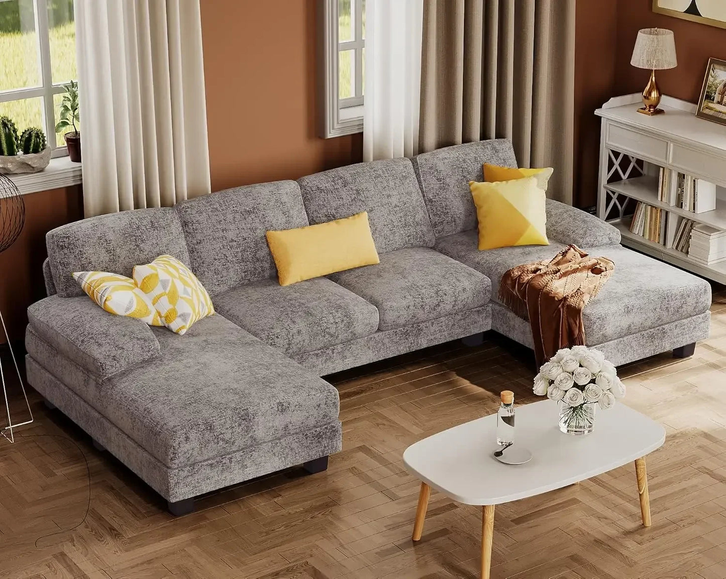 U-Shaped Sofa Couch with Linen Fabric and Double Chaise