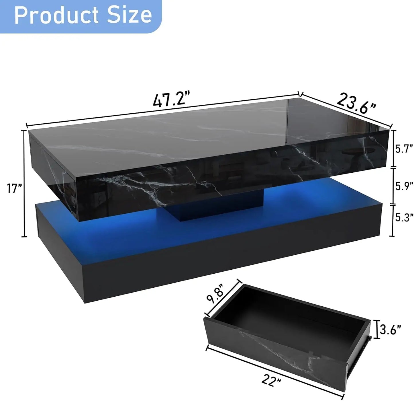 LED Coffee Table with 2 Sliding Drawers with Marbling Print