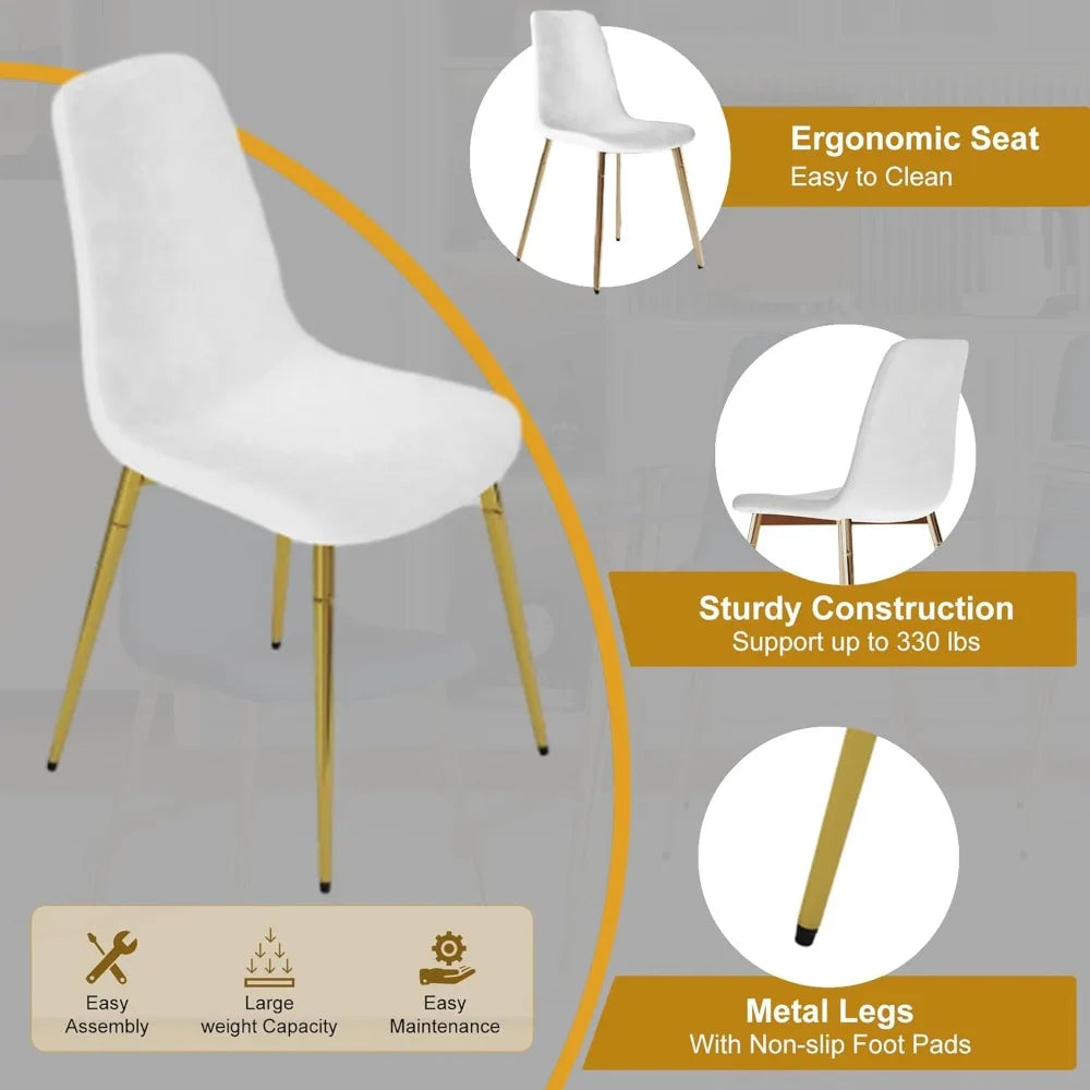 Glass Dining Table Set for 4, 5-Piece Square Gold Kitchen Table Set with 4 White Upholstered Chair, Tempered Glass Dining Room T