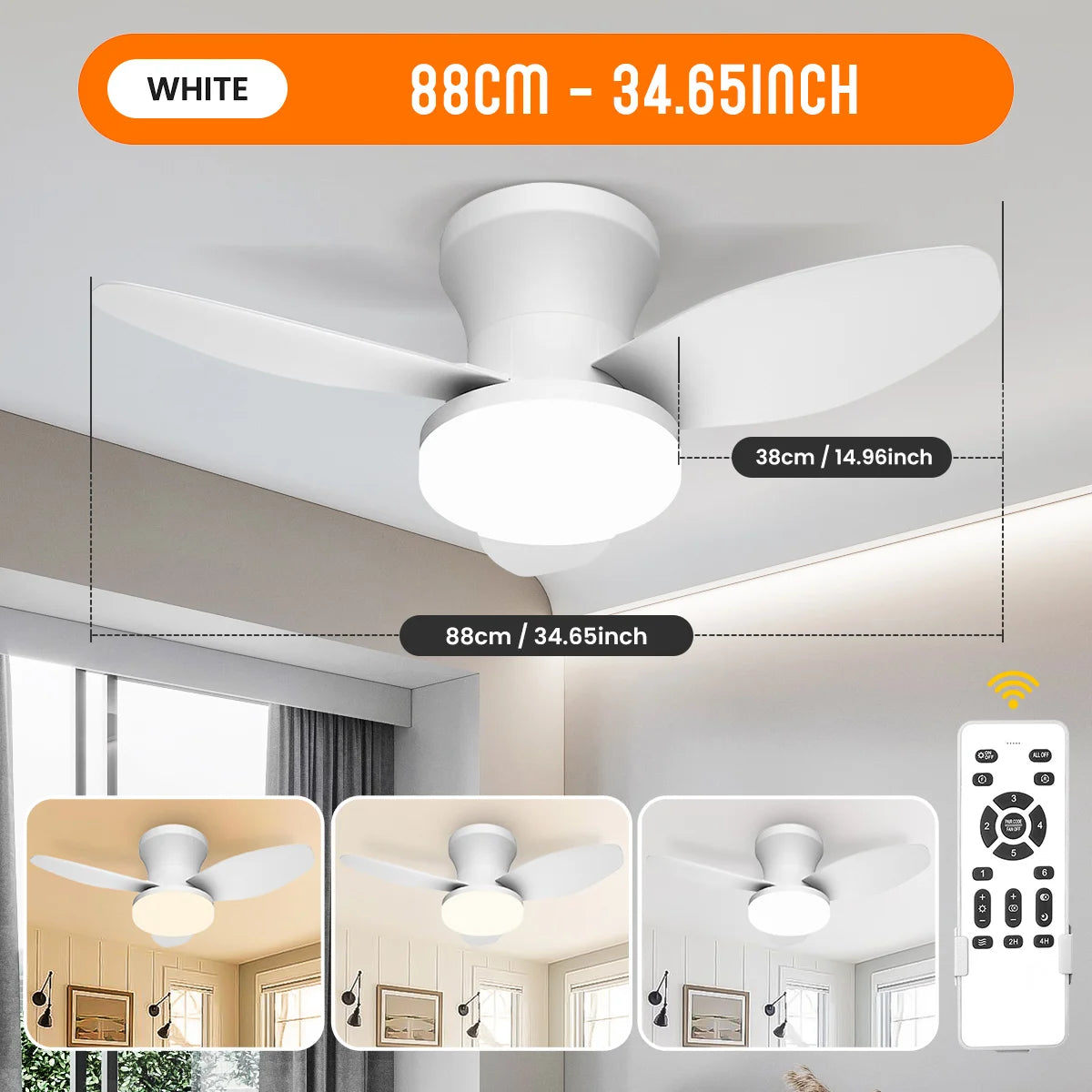 Ceiling Fan with Light & Remote Control, Reversible Noiseless, Dimmable