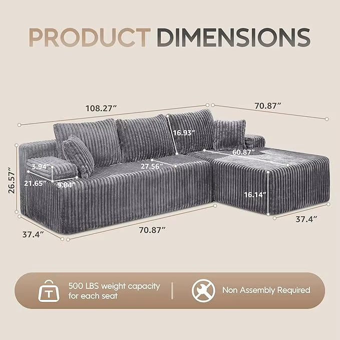 Modular L-Shaped 3-Seat Sectional | Memory Foam with Deep Seating & Storage Modules