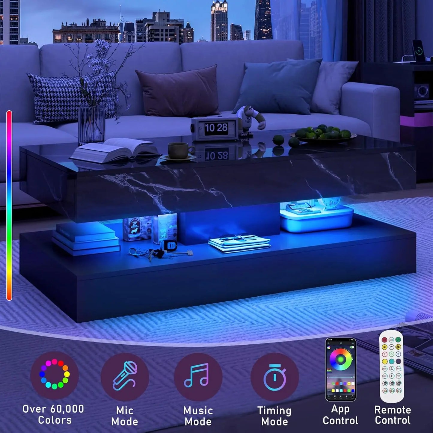 LED Coffee Table with 2 Sliding Drawers with Marbling Print