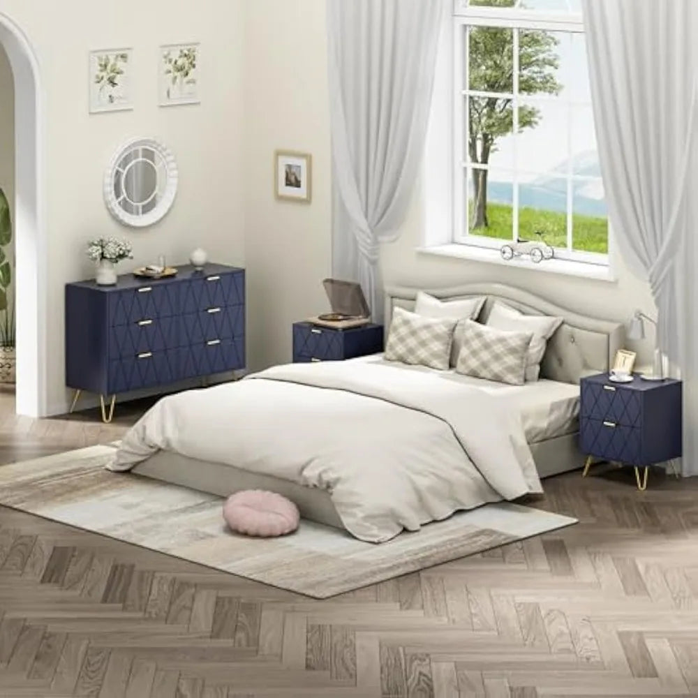 3 Pcs Bedroom Sets, 6 Drawer Dresser and Night Stands