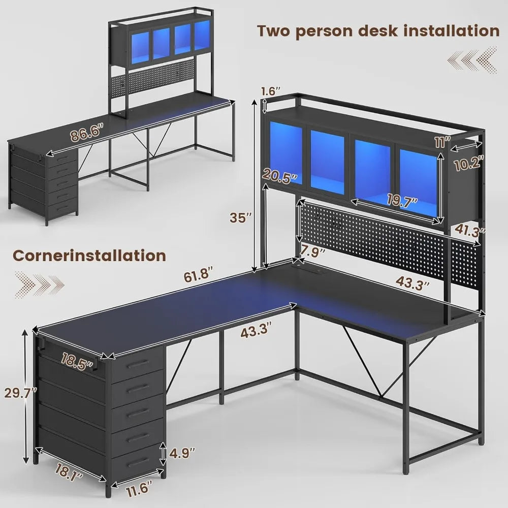 L Shaped Computer Desk with Hutch and Storage Shelves