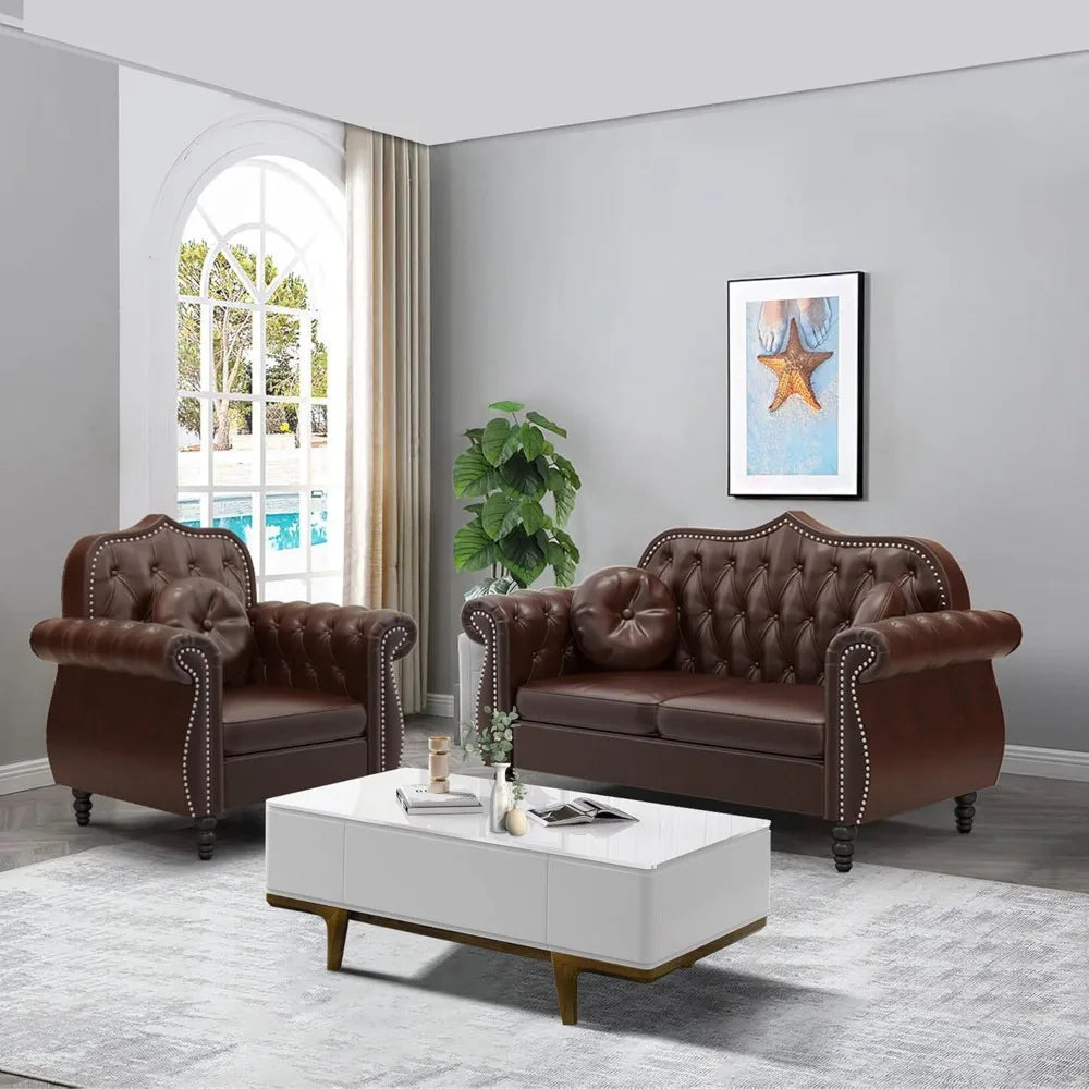 Chesterfield 2-Piece Sectional Sofa Set, Mid-Century Modern Upholstered