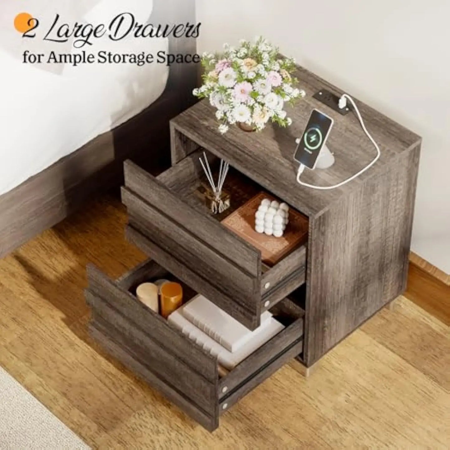 Farmhouse Full Size Bed Frame with Slatted Headboard, 2 Nightstands
