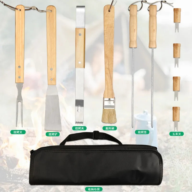 Outdoor Barbecue Tool, Cloth Bag with Wooden Handle, Stainless Steel