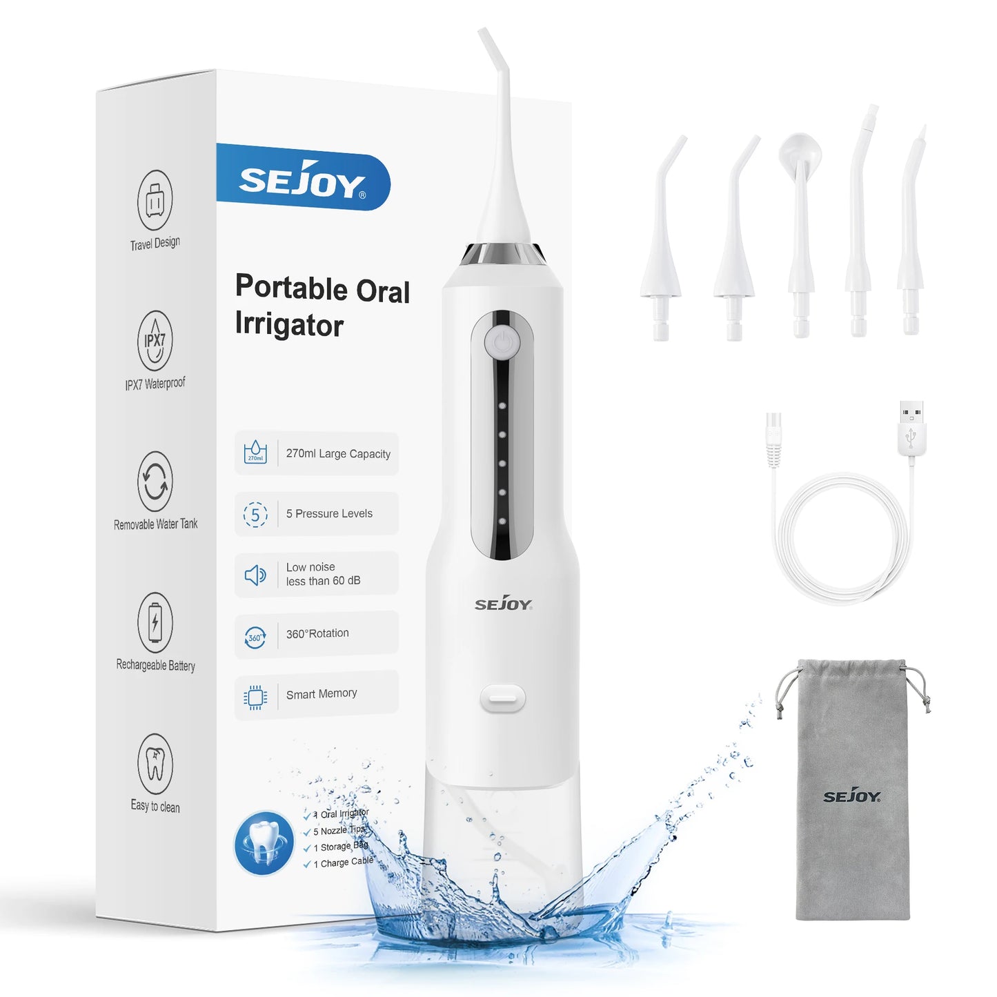 Water Flosser Dental Oral Irrigator USB Rechargeable,5 Working Modes,5 Nozzles