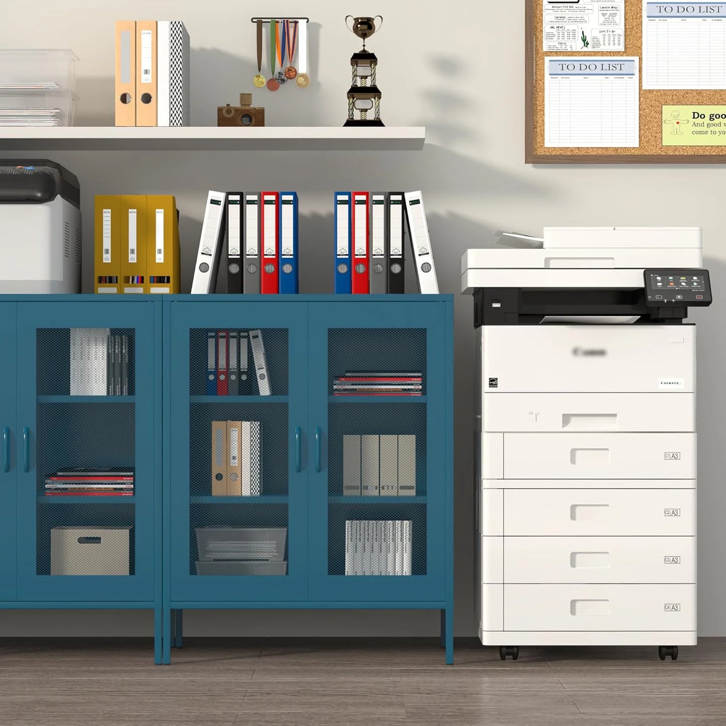 Blue Metal Storage Cabinet with Mesh Doors, Small Office Cabinet