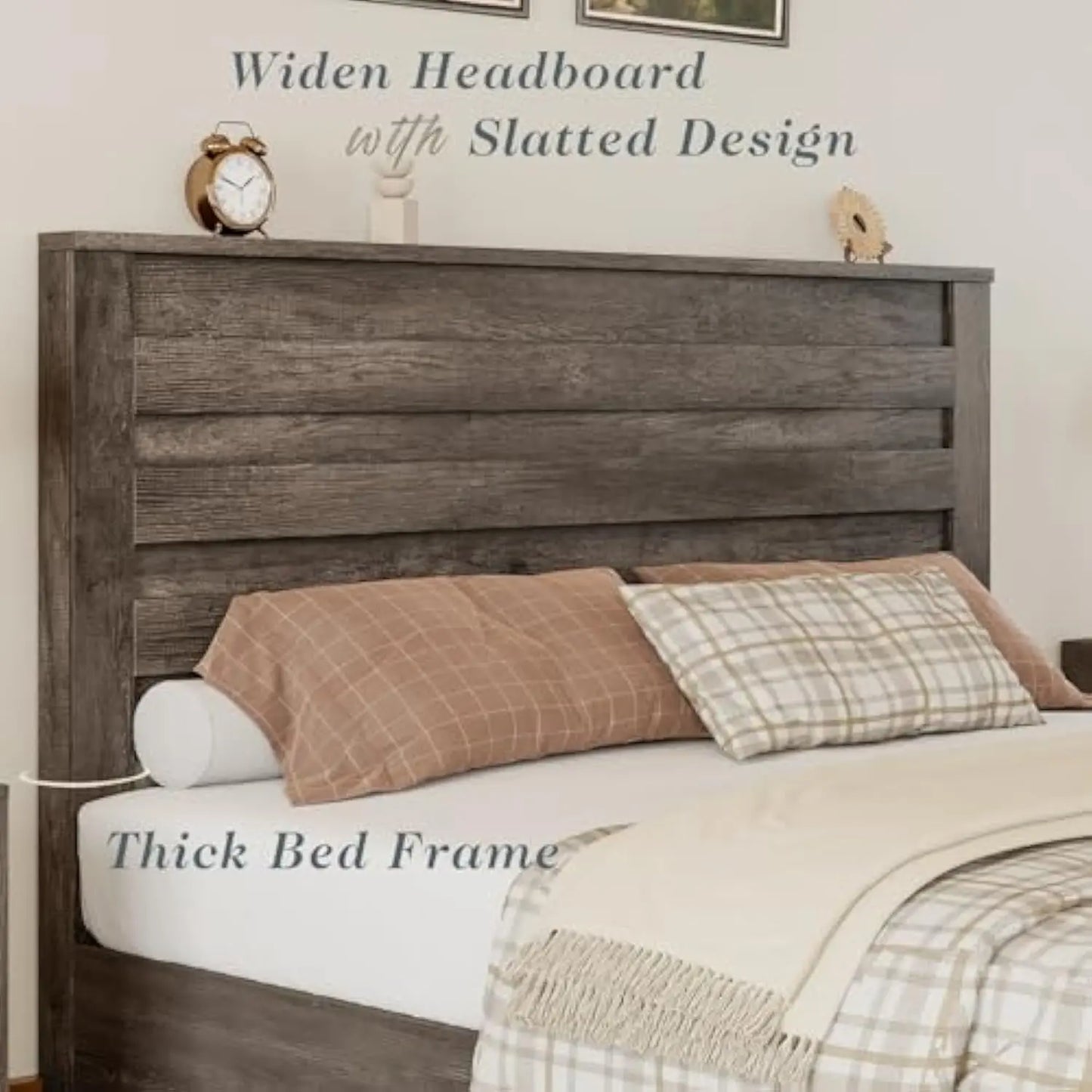 Farmhouse Full Size Bed Frame with Slatted Headboard, 2 Nightstands