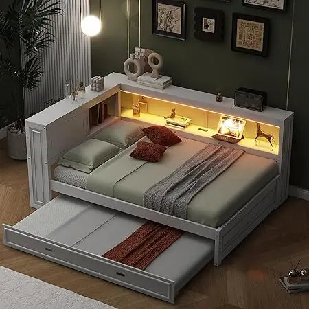 Full Size Daybed with Trundle and Storage Bookcase with LED Lights & USB Ports