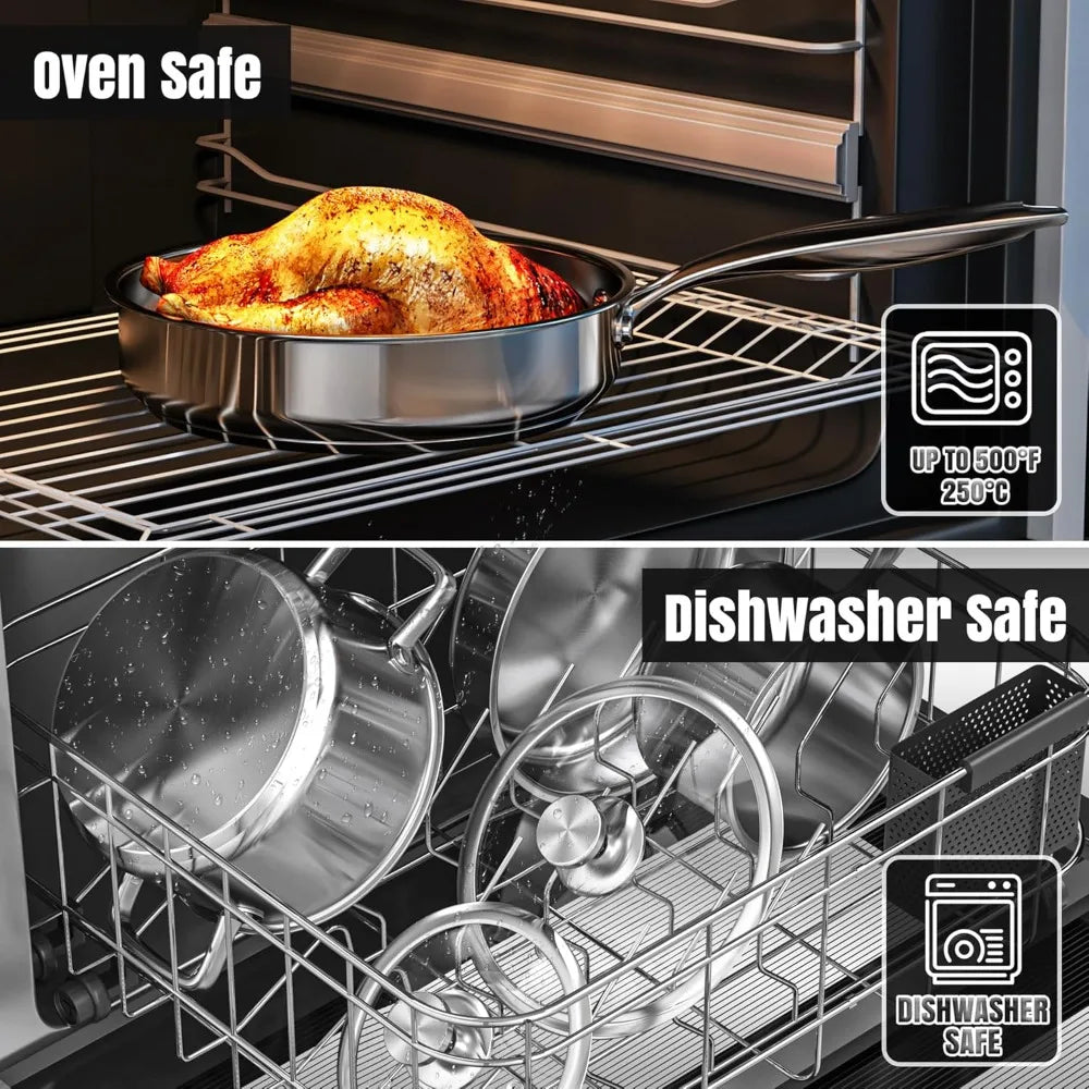 Stainless Steel Cookware Set, 16-Piece Pots and Pans with Glass Lids, Steamer