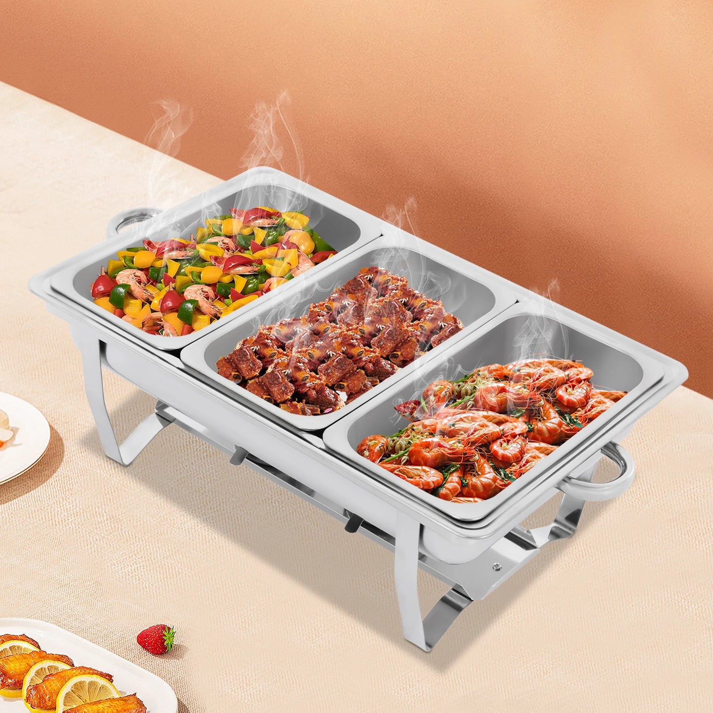 3-Compartment Stainless Steel Chafing Dish, Dishwasher Safe & Food Warmer