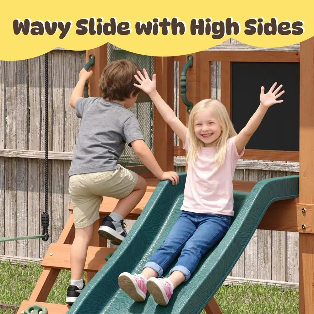Outdoor Playset Sets with Wave Slide, Play Deck, Rock Wall Ladder
