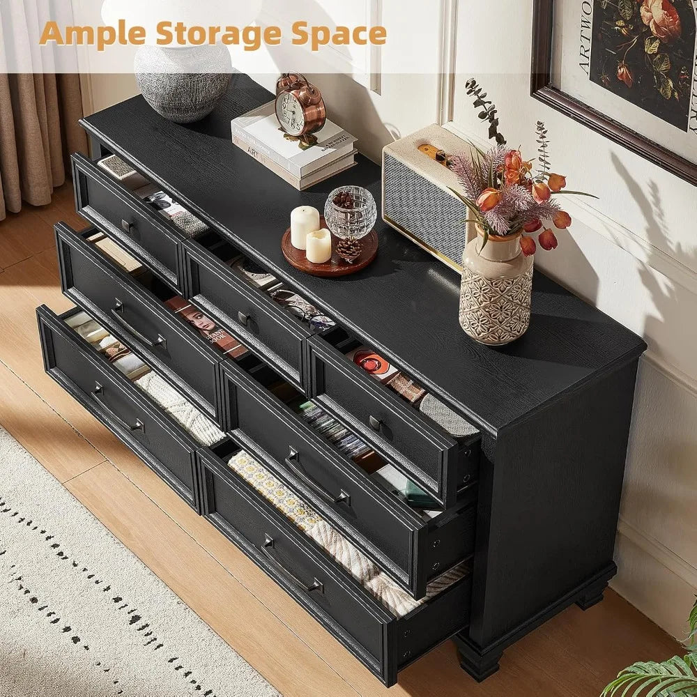 Farmhouse 7 Drawer Dresser & Nightstand Set, Black