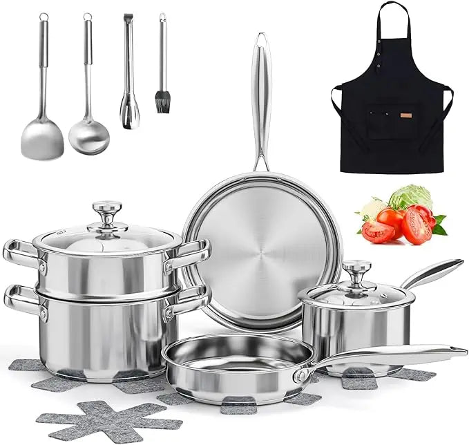 Stainless Steel Cookware Set, 16-Piece Pots and Pans with Glass Lids, Steamer