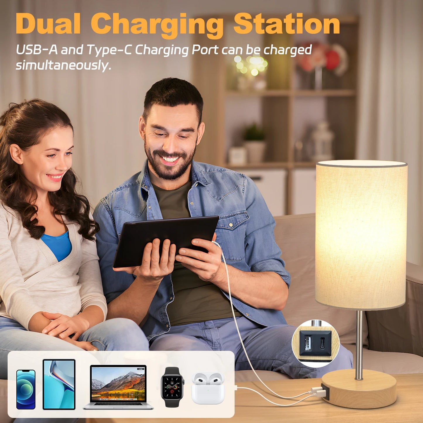 Small Table Lamp , 3 Way Dimmable, Touch Control, Dual Charging Ports