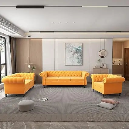 3 Piece Living Room Set- Velvet Chesterfield Sofa Loveseat Chair