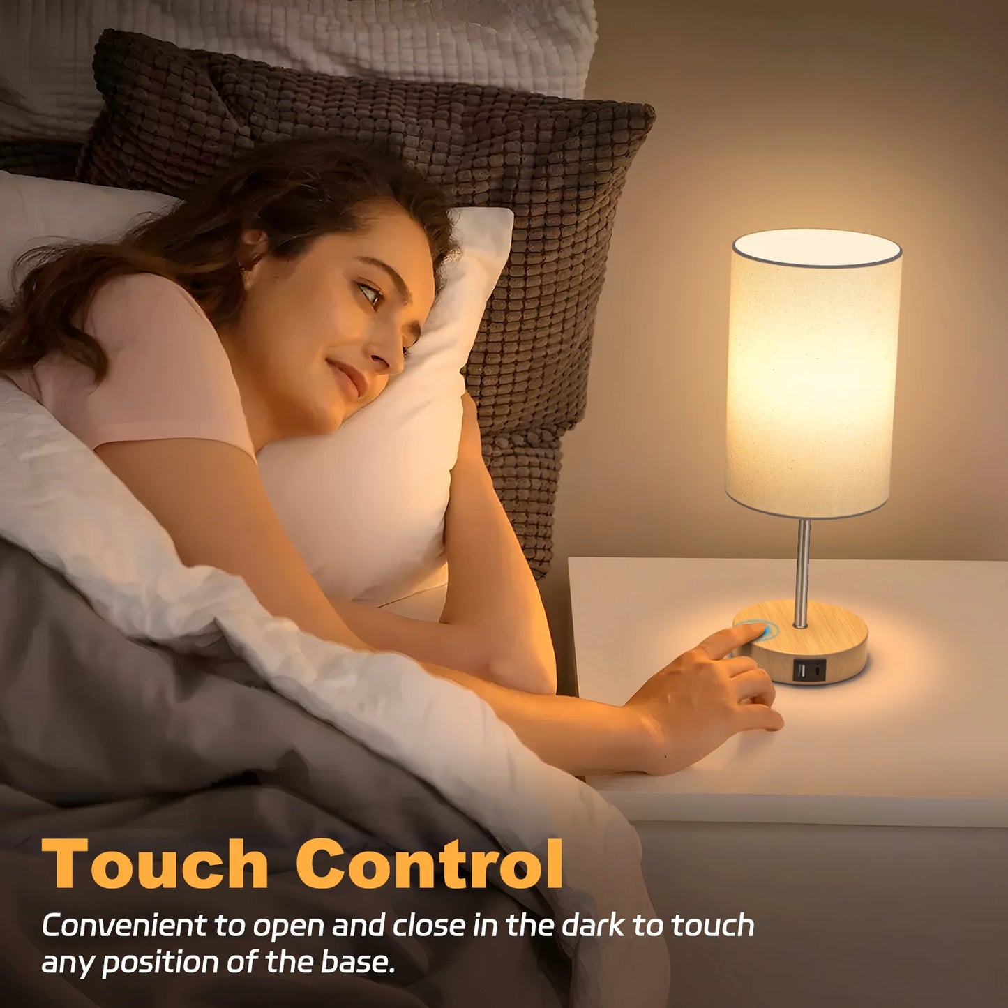 Small Table Lamp , 3 Way Dimmable, Touch Control, Dual Charging Ports