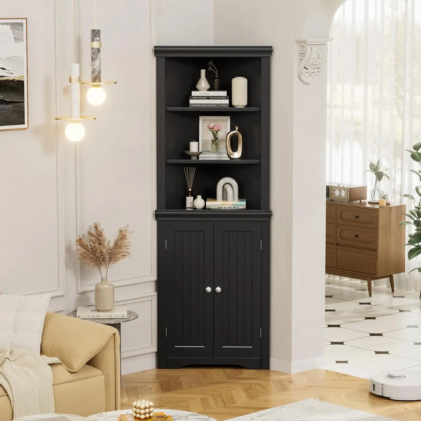 Corner Cabinet, Freestanding Corner Shelf with 2 Doors and 3 Shelves