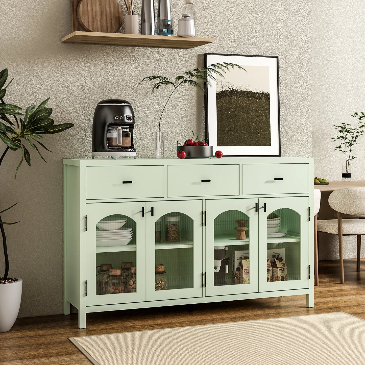 Sideboard Buffet Cabinet with 3 Drawers & 4 Arched Fluted Glass Doors