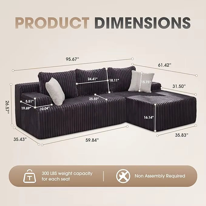 Modular L-Shaped 3-Seat Sectional | Memory Foam with Deep Seating & Storage Modules