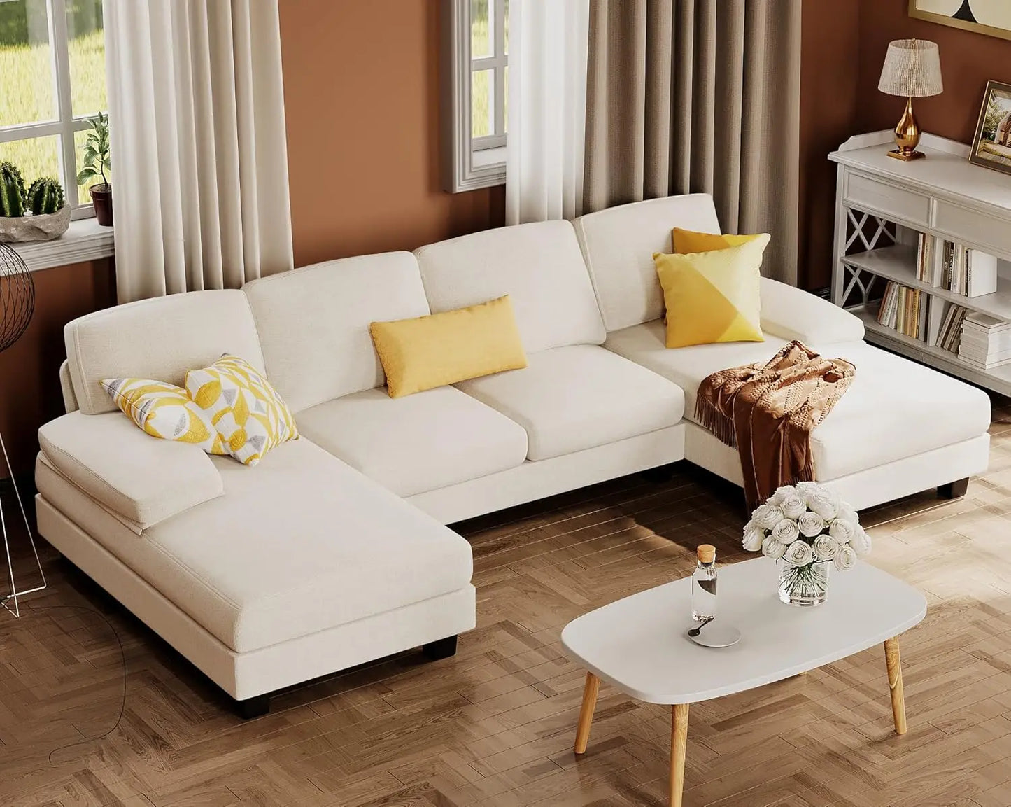 U-Shaped Sofa Couch with Linen Fabric and Double Chaise
