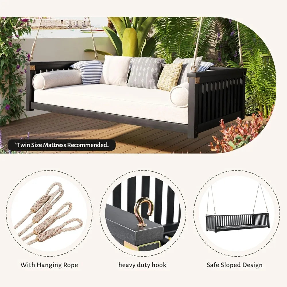 Acacia Wood Porch Swing with Hemp Rope, Twin Size