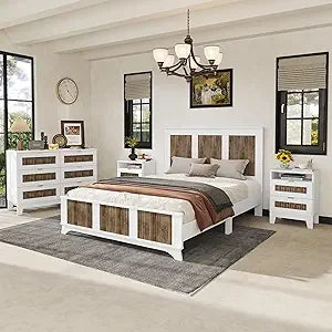 4 Piece Queen Bedroom Set, Platform Bed with Wooden Strip Stickers