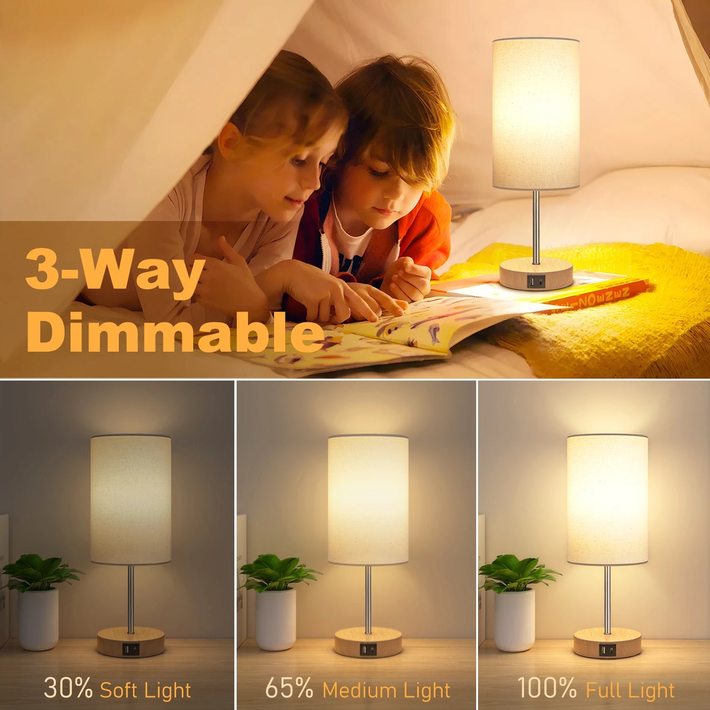 Small Table Lamp , 3 Way Dimmable, Touch Control, Dual Charging Ports