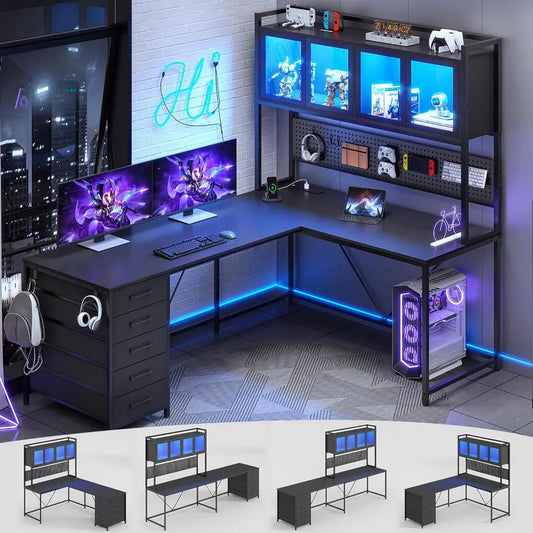 L Shaped Computer Desk with Hutch and Storage Shelves