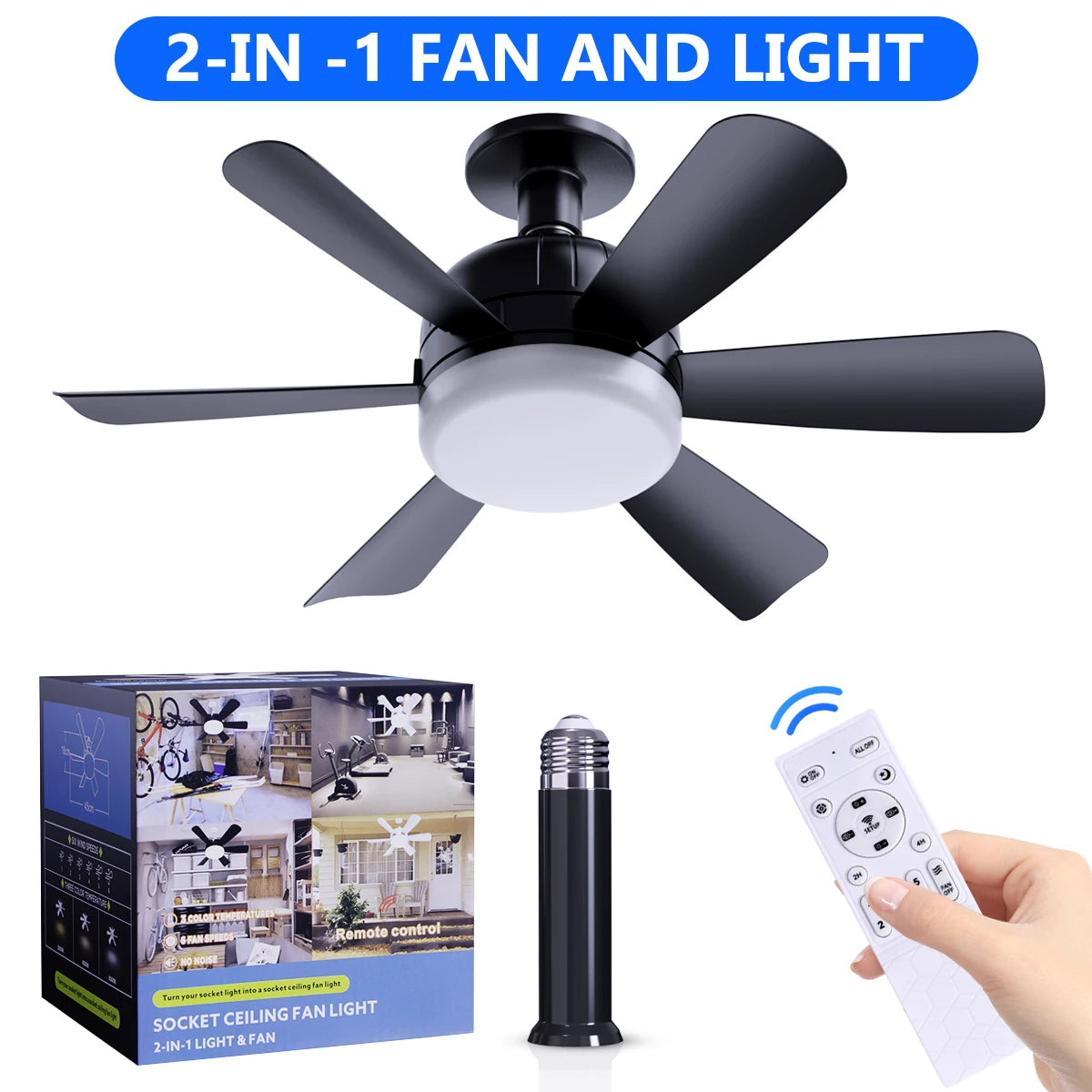 Socket LED Ceiling Fan with Remote, Dimmable, 3 Colors, Speed Change