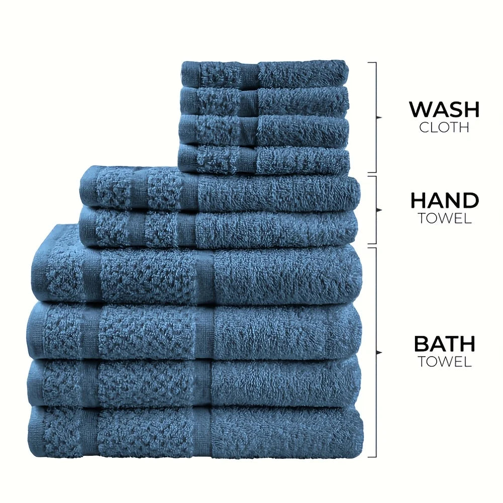 10pcs Bath Towel Set, Solid Color Cotton Towels Absorbent Quick-drying
