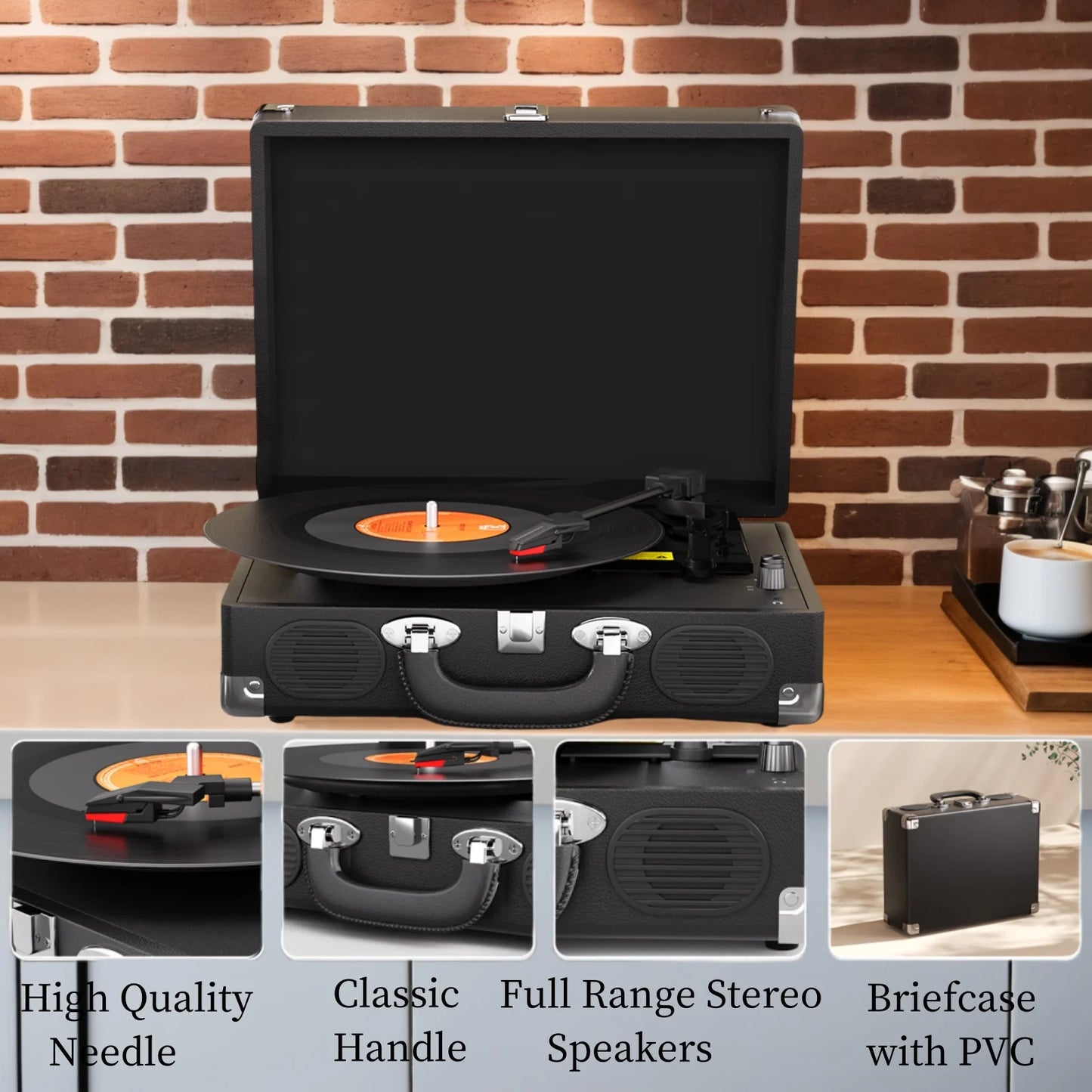 Vintage gramophone device with turntable, high-fidelity stereo, built-in speaker, 3-speed