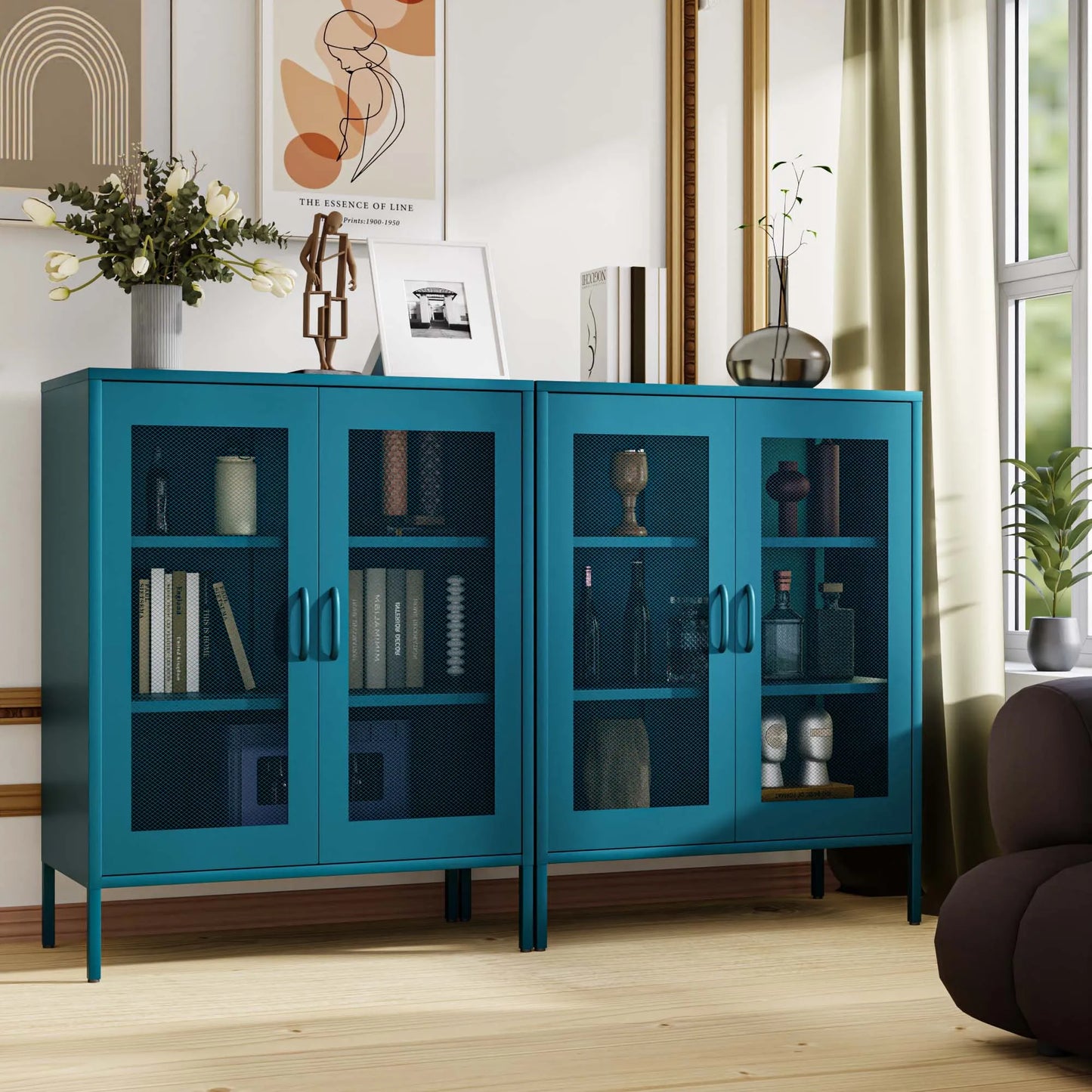 Blue Metal Storage Cabinet with Mesh Doors, Small Office Cabinet