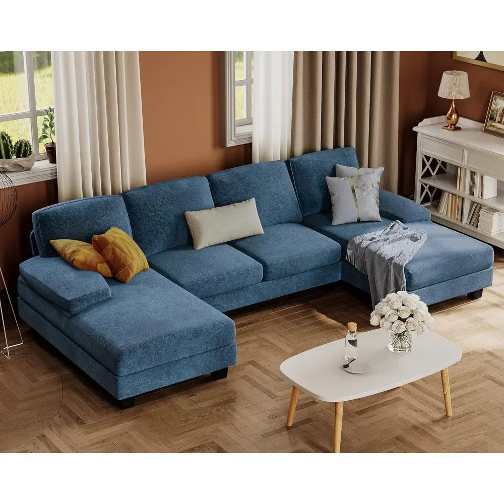 U-Shaped Sofa Couch with Linen Fabric and Double Chaise