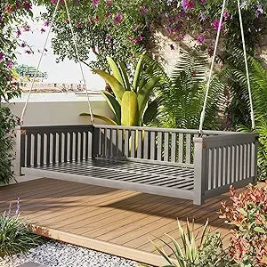 Acacia Wood Porch Swing with Hemp Rope, Twin Size