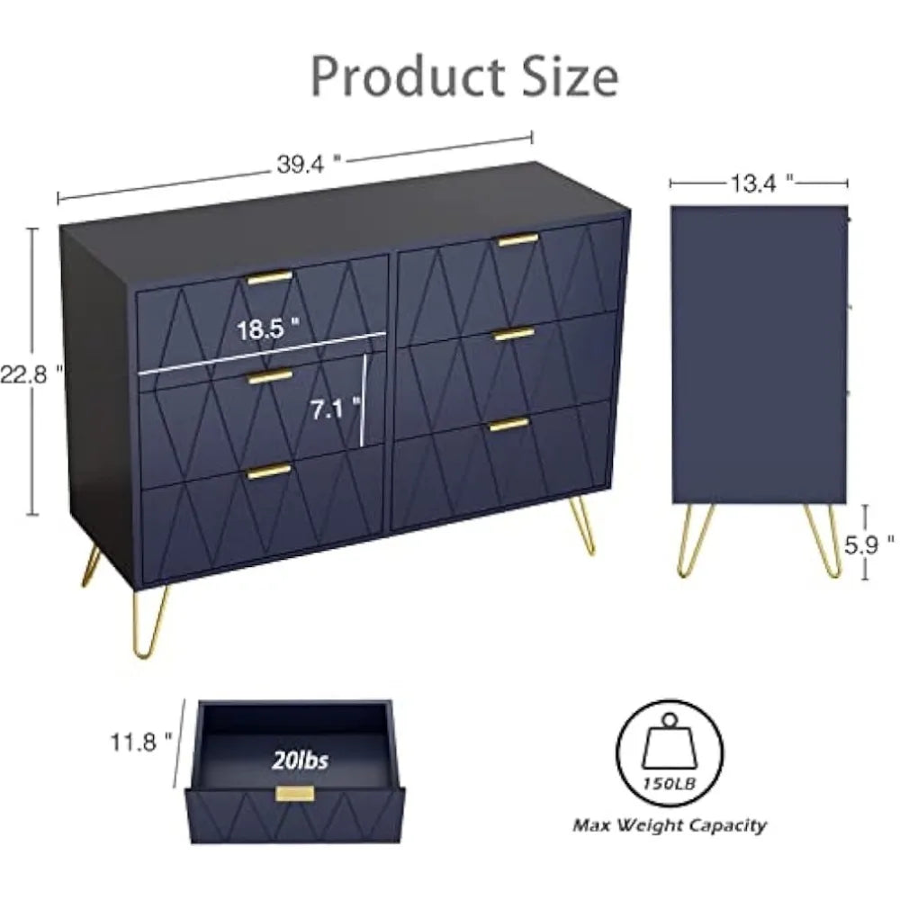 3 Pcs Bedroom Sets, 6 Drawer Dresser and Night Stands