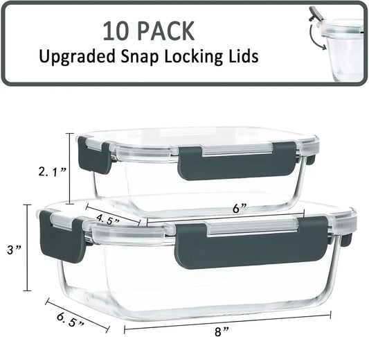 10-Pack Glass Meal Prep Containers with Lids, Airtight Food Storage