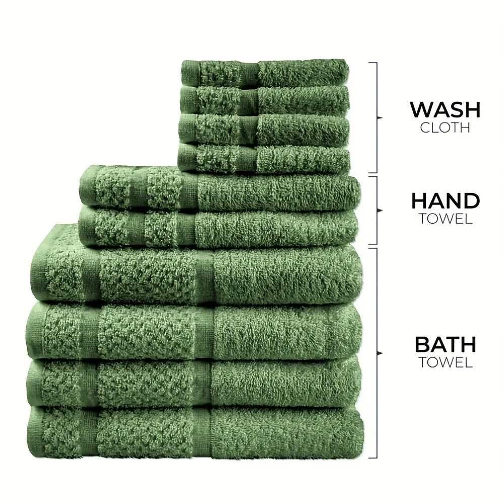 10pcs Bath Towel Set, Solid Color Cotton Towels Absorbent Quick-drying
