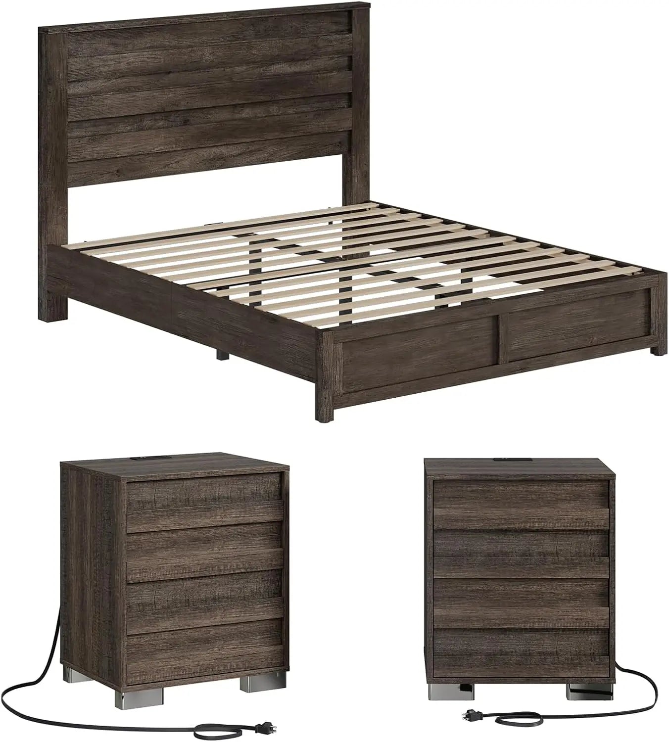 Farmhouse Full Size Bed Frame with Slatted Headboard, 2 Nightstands