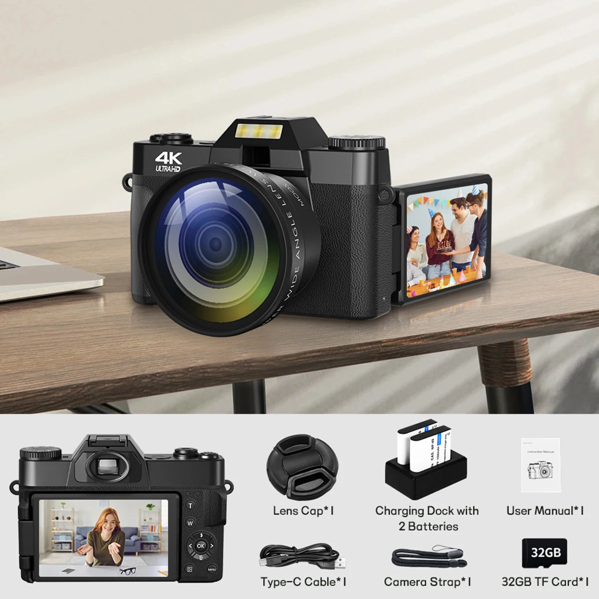 Compact Digital Photography Camera WIFI Flip Screen Wide Angle Lens