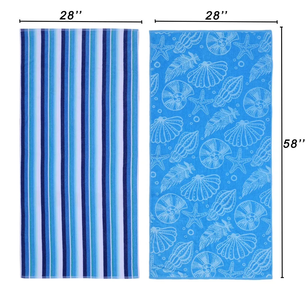2Pcs Large Cotton Beach Towel Set Blue Seashells Striped Pattern