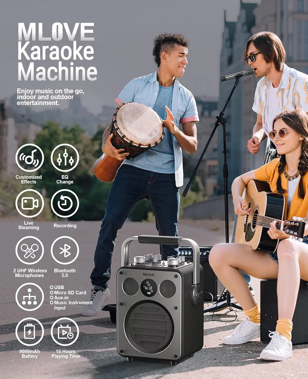 Professional Karaoke Machine with Bluetooth and 2 Wireless Microphones, Portable